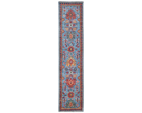12 Ft Blue Aryana Afghan Hand Knotted Veg Dye Wool Runner Rug